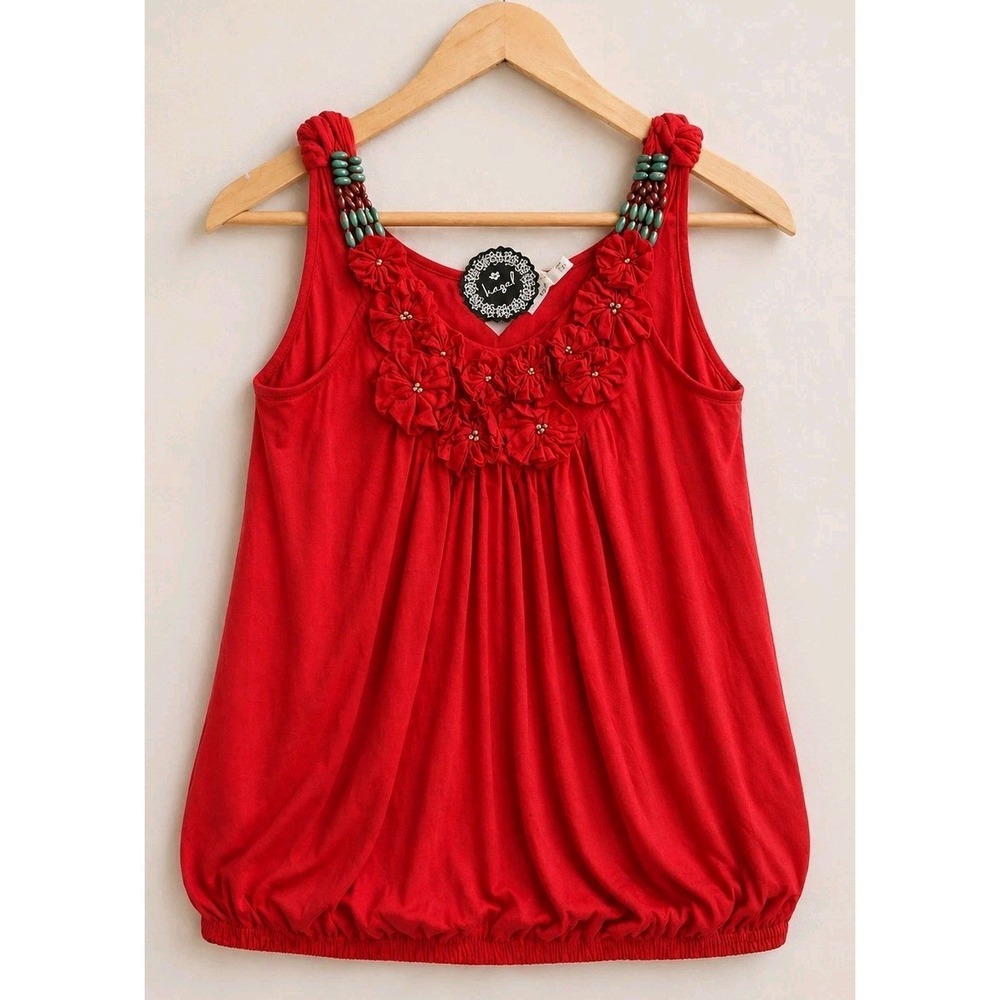 NWT Hazel Women M Red Beaded Floral Tank Bubble Hem Boho Festival Lagenlook